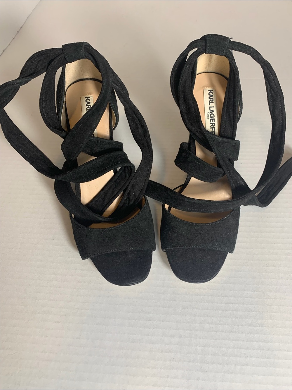 Karl Lagerfeld Black Suede Wrap Tie Heeled Sandals